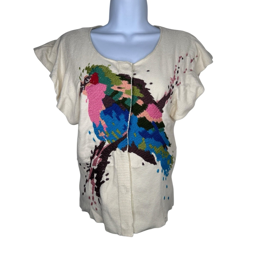 Anthropologie Sleeping On Snow Cream Pionus Bird Cardigan Top Sweater XS Top
